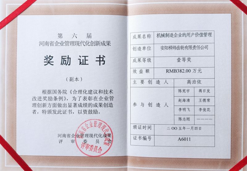 河南省企業(yè)管理現(xiàn)代化創(chuàng)新成果獎(jiǎng)勵(lì)證書